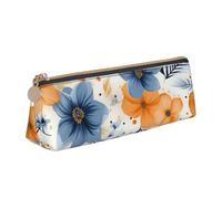 FZQVSLCM Astuccio in pelle per penne da viaggio Borsa per il trucco con fiori blu e arancioni su sfondo bianco Borsa da toilette Borsa cosmetica portatile portamonete