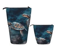 FZQVSLCM Astuccio telescopico con tartaruga che nuota nel mare Portapenne in piedi Astuccio pop-up carino Stand up Cosmetici Borsa da viaggio Borsa da trucco Borsa da toilette portatile per donne