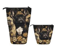 FZQVSLCM Astuccio telescopico con tre bulldog francesi in piedi portapenne pop-up carino stand up cosmetici borsa da viaggio borsa da trucco borsa portatile da toilette per donne uomini forniture per