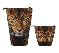 FZQVSLCM Astuccio telescopico raffigurante un leopardo in piedi portapenne pop up astuccio carino stand up cosmetico borsa da viaggio borsa da trucco borsa da toilette portatile per donne uomini