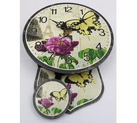 G.B. Orologio da parete in legno con pendola tonda a tema Torre Eiffel Paris Farfalla e Rosa - misure 18 x 14 x 4