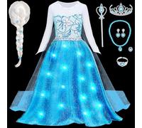 G.C LED Luminoso Vestito Elsa Frozen Costume Principessa Bambina con Accessori Elsa Parrucca Bacchetta Corona Principessa Compleanno Costume Carnevale Halloween Natale Cosplay (140, 8-10 Anni)
