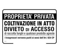 G CARTELLO - Proprietà privata coltivazione in atto divieto di accesso di raccolta funghi e qualsiasi prodotto agreste i trasgressori verranno puniti dell'art (Pannello In Alluminio, 20x31 cm)