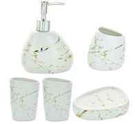 G Decor Set di 4 accessori da bagno in ceramica effetto marmo bianco opaco e argento, include dispenser per sapone liquido o lozione, portaspazzolino, bicchiere, portasapone (marmo bianco e oro)