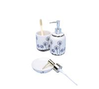 G Decor Set di accessori da bagno in ceramica, 3 pezzi, bianco, crema, blu, oro e cromato, include dispenser per sapone liquido o lozione, porta spazzolino o bicchiere, portasapone (fiori moderni)