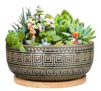 G EPGardening Vaso per piante grasse in ceramica, 20,5 cm, per piante d'appartamento, rotondo, poco profondo, bonsai, con drenaggio e piattino in bambù, colore: blu