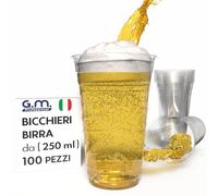 G.M. DISTRIBUZIONE 100 Bicchieri Birra da 250ml in PET Trasparente, Bicchieri Usa e Getta per Birra tacca 2cl, Bicchieri Monouso per Bar e Lounge Bar
