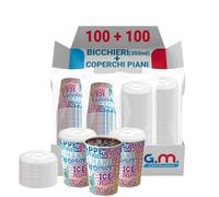 G.M. DISTRIBUZIONE 100 Bicchieri in Cartoncino da 350ml + 100 Coperchi Piani con Foro, Bicchieri con Coperchi Usa e Getta, Utili x Frappè Granite e bevande Fredde, Specifici x Bar e Gelaterie.