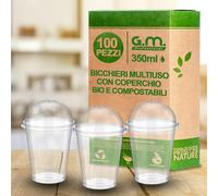 G.M. DISTRIBUZIONE 100 Bicchieri Kristal per Bevande con Coperchio da 350 ml, Biodegradabili e Compostabili, Rigidi e Resistenti, Usa e Getta, Ideale per Casa, Ufficio, Asporto Bevande Fredde