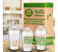 G.M. DISTRIBUZIONE 100 Bicchieri Kristal per Bevande con Coperchio da 400 ml, Biodegradabili e Compostabili, Rigidi e Resistenti, Usa e Getta, Ideale per Casa, Ufficio, Asporto Bevande Fredde