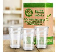 G.M. DISTRIBUZIONE 100 Bicchieri Kristal per Bevande da 400 ml, Biodegradabili e Compostabili, Rigidi e Resistenti, Usa e Getta, Ideale per Casa, Ufficio, Asporto Bevande Fredde