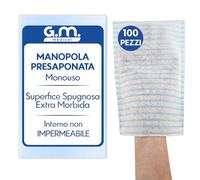 G.M. DISTRIBUZIONE 100 Manopole Saponate Monouso di Alta Qualità, con Soffice Spugna Esterna, Guanti Saponati Monouso Delicatamente Profumati, Senza Risciacquo, Spugne per Anziani Monouso