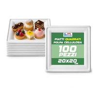 G.M. DISTRIBUZIONE 100 Piatti quadrati 20x20 cm Bianchi in Polpa di Cellulosa, Compostabili e Biodegradabili, Adatti al Microonde, per Sushi Finger Food Aperitivo Catering