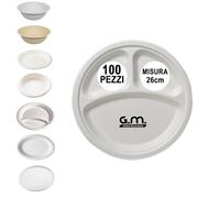 G.M. DISTRIBUZIONE 100 Piatto Tondo Triscomparto in Polpa di Cellulosa 26cm, Ideale per Cibi Caldi e Freddi, Piatti Impermeanbilie Adatti al Microonde, Biodegradabili e Compostabili