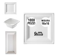 G.M. DISTRIBUZIONE 1000 Piatti Quadrati Bianchi in Polpa di Cellulosa 16x16 cm, Ideale per Cibi Caldi e Freddi, Piatti Imperameabili Usa e Getta Adatti al Microonde, Biodegradabili e Compostabili