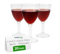 G.M. DISTRIBUZIONE 20 Calici 180cc Plastica Rigida Trasparente Vino Acqua - Base Staccabile, Riutilizzabili, Lavabili, Made in Italy, BPA Free - Bicchieri Feste, Catering, Party