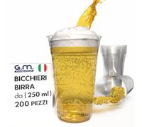 G.M. DISTRIBUZIONE 200 Bicchieri Birra da 250ml in PET Trasparente, Bicchieri Usa e Getta per Birra tacca 2cl, Bicchieri Monouso per Bar e Lounge Bar