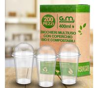 G.M. DISTRIBUZIONE 200 Bicchieri Kristal per Bevande con Coperchio da 400 ml, Biodegradabili e Compostabili, Rigidi e Resistenti, Usa e Getta, Ideale per Casa, Ufficio, Asporto Bevande Fredde