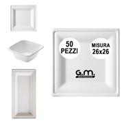 G.M. DISTRIBUZIONE 50 Piatti Quadrati Bianchi in Polpa di Cellulosa 26x26 cm, Ideale per Cibi Caldi e Freddi, Piatti Imperameabili Usa e Getta Adatti al Microonde, Biodegradabili e Compostabili