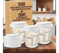 G.M. DISTRIBUZIONE 500 Bicchieri Cappuccino da 278ml con Coperchio a Beccuccio in Plastica, Bicchieri e Coperchi Usa e Getta, Ideale per Bar e Caffetterie, Asporto Bevande Calde