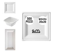 G.M. DISTRIBUZIONE 500 Piatti Quadrati Bianchi in Polpa di Cellulosa 20x20 cm, Ideale per Cibi Caldi e Freddi, Piatti Imperameabili Usa e Getta Adatti al Microonde, Biodegradabili e Compostabili