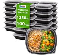 G.M. DISTRIBUZIONE GM 100 Pezzi - Contenitori Microondabili Ermetici Neri per Alimenti 1250 ml, Contenitori Porta Pranzo per Cibi Caldi, Lavabili