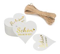 G2PLUS 100 PCS Etichette Regalo,Etichette in Carta Kraft,Etichette di Carta Cuore “SCHÖN DASS DU DA BIST”6x6CM Tag Regalo con Spago,per Natale Compleanno Matrimonio