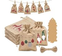 G2PLUS 24 Pezzi Sacchetti per Calendario Dell'avvento Sacchetto Regalo,10×15CM Borse di Juta di Natale con 24 Etichetta,per Calendario di Avvento,Decorazione Albero di Natale
