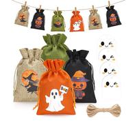 G2PLUS Sacchetti in Juta per Halloween: Set da 24 Borse di Juta di Natale 10x15cm con 24 Etichette Fantasma e Spago Borse di Iuta per Calendario di Avvento, Attività Scolastiche,Trick or Treat
