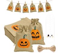 G2PLUS Sacchetti in Juta per Halloween: Set da 24 Sacchetto Regalo 10x15cm con Etichette Fantasma e Spago Borse di Juta per Calendario di Avvento, Attività Scolastiche,Trick or Treat