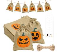 G2PLUS Sacchetti in Juta per Halloween: Set da 24 Sacchetto Regalo 13x18cm con 24 Etichette Fantasma e Spago Borse di Juta per Calendario di Avvento, Attività Scolastiche,Trick or Treat