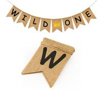 G2PLUS Striscione per Seggiolone Wild One: Striscione Buon Compleanno 1 Anno,16x18cm Marrone Bandierine,Banner di Lino di Primo Compleanno per Ragazzo