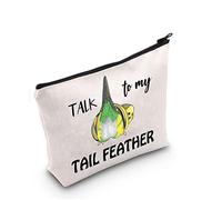 G2TUP Budgie Gift Talk To My Tail - Trousse per il trucco con piume, per amanti dei parrocchetti, idea regalo per amanti del parrocchetto, borsa da viaggio con cerniera, borsa bianca con piume, Talk
