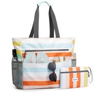 G4Free Borsa da Spiaggia, Borsa da Spiaggia Impermeabile e Antipolvere, Borsa da Spiaggia Pieghevole di Grande Capacità per Donne, Regali Personalizzati per Lei, Righe Blu Navy, 35L