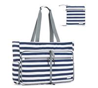 G4Free Borsa da spiaggia extra large da donna, borsa da spiaggia pieghevole con cerniera, borsa da spiaggia impermeabile a prova di sabbia, Navy e striscia bianca, 65 cm (length) x 34 cm (width) x 12