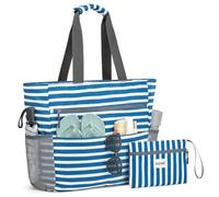 G4Free Borsa da spiaggia, impermeabile, a prova di sabbia, pieghevole, di grande capacità, per le donne, A righe blu marino., 50L, Tote