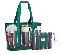 G4Free Borsa da spiaggia pieghevole da 35/50 l, con tasche con cerniera, impermeabile, da donna, compatibile con Stanley Cup, weekender, viaggi, vacanze, A righe verdi., 35L