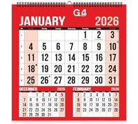 G4GADGET Calendario da parete 2026, tre mesi, rilegatura a spirale, da appendere, con festività del Regno Unito, organizer mensile rosso e bianco per casa, ufficio, scuola e affari