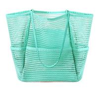 G4ZS5Z0G1 Borsa da spiaggia in rete da donna, pieghevole, grande, con tasche con cerniera, impermeabile, a prova di sabbia, L/Ciano, Taglia unica