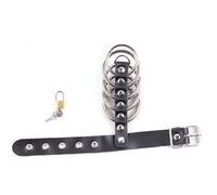 Gabbia di castità in pelle per uomo con serratura e 5 anelli metallici, accessorio per ritardo e piacere di coppia, dispositivo fetish bondage per esperienze intense