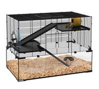 Gabbia per Criceti a 3 Livelli con Base in Vetro Temperato, Ruota e Accessori, 76.5x48.5x54.5 cm, Nero
