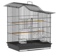 Gabbia per Uccelli a 4 Porte con 2 Ciotole, 2 Posatoi e Vassoio, in Metallo e Plastica, 47.5x36x54.5 cm, Nero