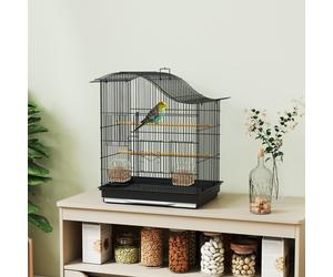 Gabbia per Uccelli a 4 Porte con 2 Ciotole, 2 Posatoi e Vassoio, in Metallo e Plastica, 47,5x36x54,5 cm, Nero