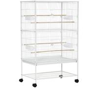 Gabbia Per Uccelli Da Interni Con Vassoio Estraibile, 4 Ruote E Trespolo, 78x52x132 Cm, Bianco