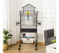 Gabbia per Uccelli da Interni in Acciaio e Legno con Vassoio Estraibile, 4 Ruote, Trespolo e Contenitore per Alimenti, 50x49x137cm, Nero Description:Mantieni il tuo pennuto al sicuro con una voliera p