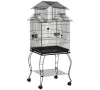 Gabbia Per Uccelli Da Interni In Legno Con Vassoio, 4 Ruote E Trespolo, 50x49x137cm