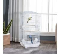 Gabbia per Uccelli Portatile con Maniglia, Vassoio Estraibile e Porte, Voliera per Pappagallini con Posatoi in Legno, Altalena e Ciotole per Cibo, 46,5x35,5x92cm, Bianco