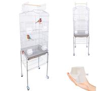 BAKAJI Gabbia Voliera per Uccelli, Pappagalli Inseparabili, Calopsite, Gabbietta Parrocchetti Volatili Piedistallo e Ruote, Tetto Apribile e Mangiatoie, Posatoi Legno, Vaschetta Removibile (Bianco)