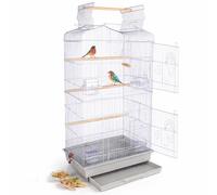 BAKAJI Gabbia Voliera per Uccelli, Pappagalli Inseparabili, Parrocchetti, Volatili, Tetto Apribile e Mangiatoie, Posatoi in Legno, Gabbietta con Vaschetta Removibile per Facile Pulizia (Grigio)