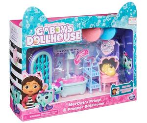 Gabby's Dollhouse, Primp and Pamper Bathroom con statuetta MerCat, 3 accessori, 3 mobili e 2 consegne, giocattoli per bambini dai 3 anni in su